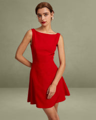 The Red Boat Neck High Waisted Mini Dress