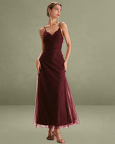 The Wine Red V Neck Mesh Wrap Maxi Dress