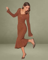 Brown Bell Sleeve Bodycon Sweater Dresses