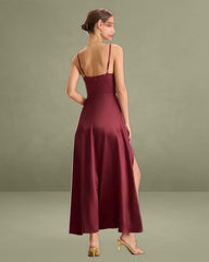 Red Satin Slit Maxi Dress