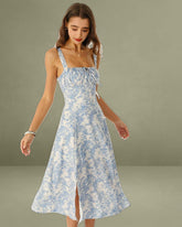 Blue Floral Ruched Slip Midi Dress