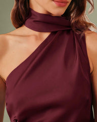 Wine Red Satin One Shoulder Maxi Dress