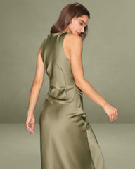 Green Satin Boat Neck Slip Midi Dress