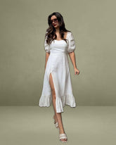 Puff Sleeve Split Hem Midi Dress