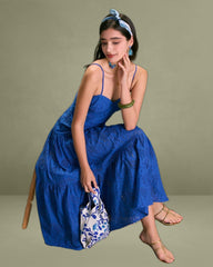 The Blue Sweetheart Neck Embroidery Slip Midi Dress