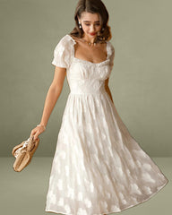 Beige Square Neck Puffed Sleeve Midi Dress