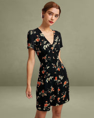 Black V-Neck Floral Button-Up Mini Dress