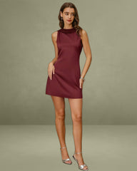 Wine Red Satin Cowl Neck Backless Mini Dress