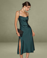 Green Satin Cowl Neck Slip Midi Dress
