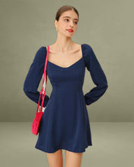 Navy Puffed Sleeve A-Line Mini Dress