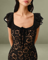 Black Textured Ruffled Mermaid Mid-length Dress