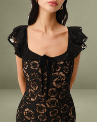 Black Textured Ruffled Mermaid Mid-length Dress