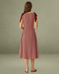 Red Plaid Tie Strap A-Line Midi Dress