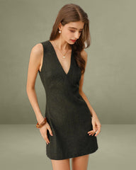 Dark Green V Neck Sleeveless Mini Dress