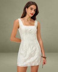 White Textured Square Neck Slip Mini Dress