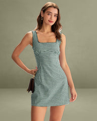 Green Plaid Square Neck Mini Slip Dress
