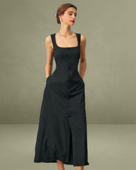 The Black U Neck Tie Back Sleeveless Maxi Dress