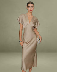 Apricot V Neck A-Line Satin Midi Dress