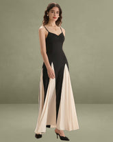 Women's Black Contrasting Pleated Slip Maxi Dress