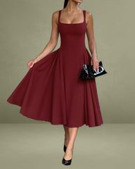 Red Square Neck A-Line Slip Midi Dress