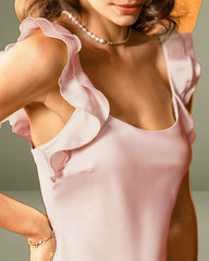 Pink Square Neck Ruffle Satin Midi Dress