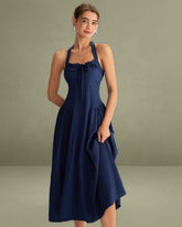 Navy Ruched Halter Midi Dress
