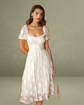 Beige Square Neck Puffed Sleeve Midi Dress