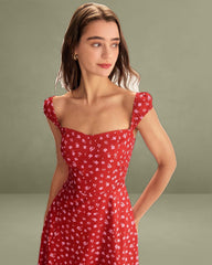Red Floral Sweetheart Neck Cap Sleeve Midi Dress