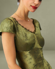 Green Jacquard Cap Sleeve Satin Midi Dress