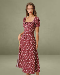 Wine Red Floral Square Neck Puffed Sleeve Midi Dress