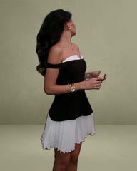 Women's Black Off-shoulder Contrasting Mini Dress