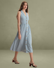 The Blue Lapel Plaid Sleeveless Shirt Midi Dress