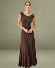 Coffee Boat Neck Knit Maxi Dress