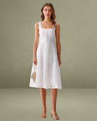 White Jacquard Shirred Slip Midi Dress