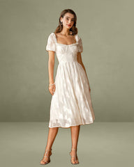 Beige Square Neck Puffed Sleeve Midi Dress