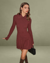 Coffee A-Line Pleated Sweater Dress