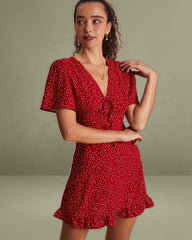 The Red V Neck Polka Dot Flounce Mini Dress
