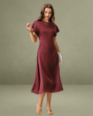 Red Cowl Sleeve A-Line Midi Dresses
