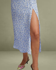 The Blue Round Neck Floral Slit Midi Dress