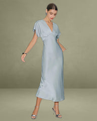 Blue Satin Cowl Sleeve Midi Dress