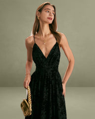 The Black Floral Flocked Mesh Slit Maxi Dress