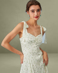 The Light Green Satin Floral Tie Strap Slit Midi Dress