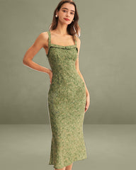 Green Floral Square Neck Slip Midi Dress