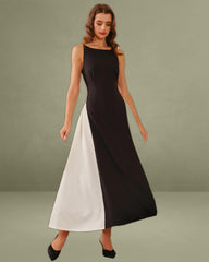 Black Contrasting Boat Neck A-Line Maxi Dress