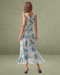 Blue Floral Ruffle V Neck Sleeveless Midi Dress