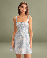 Blue Floral Ruched Slip Corset Mini Dress
