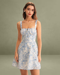Blue Floral Ruched Slip Corset Mini Dress