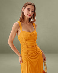 Orange Ruched Knitted Slip Midi Dress