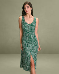 The Green V Neck Floral Button Midi Dress