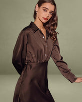 Coffee Ruched Button Mid-length Dress